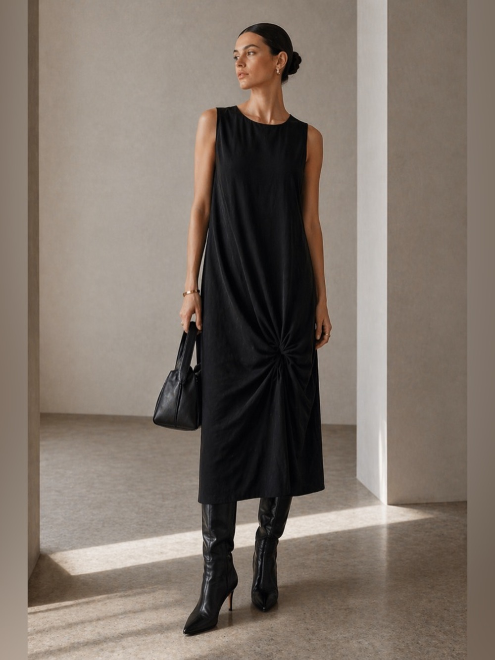 CREA Concept 100% Wool Black Knot Front Dress EU 36 Minimalist Quiet Luxury